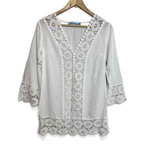 Solitaire Swim Cover Up V‎ Neck Lace Trim 3/4 Sleeves Tunic Small